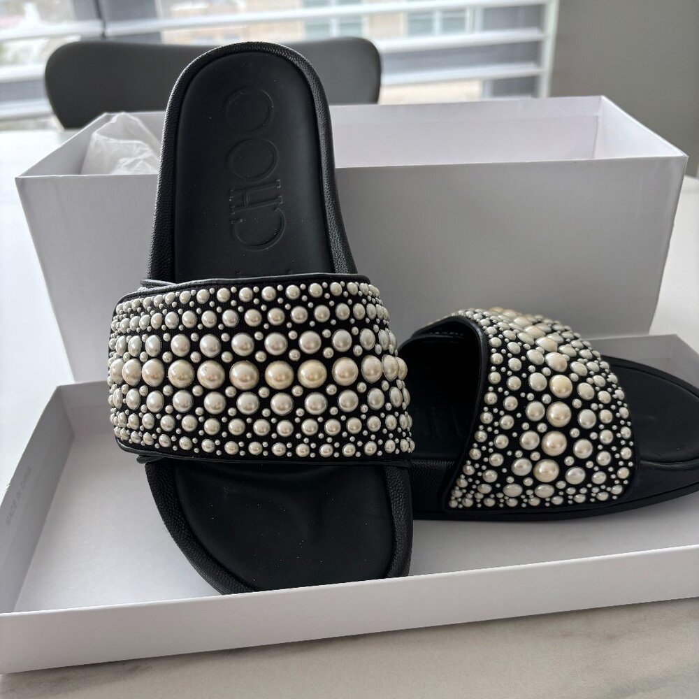 Jimmy Choo Black Canvas/Leather with Pearls Sandal